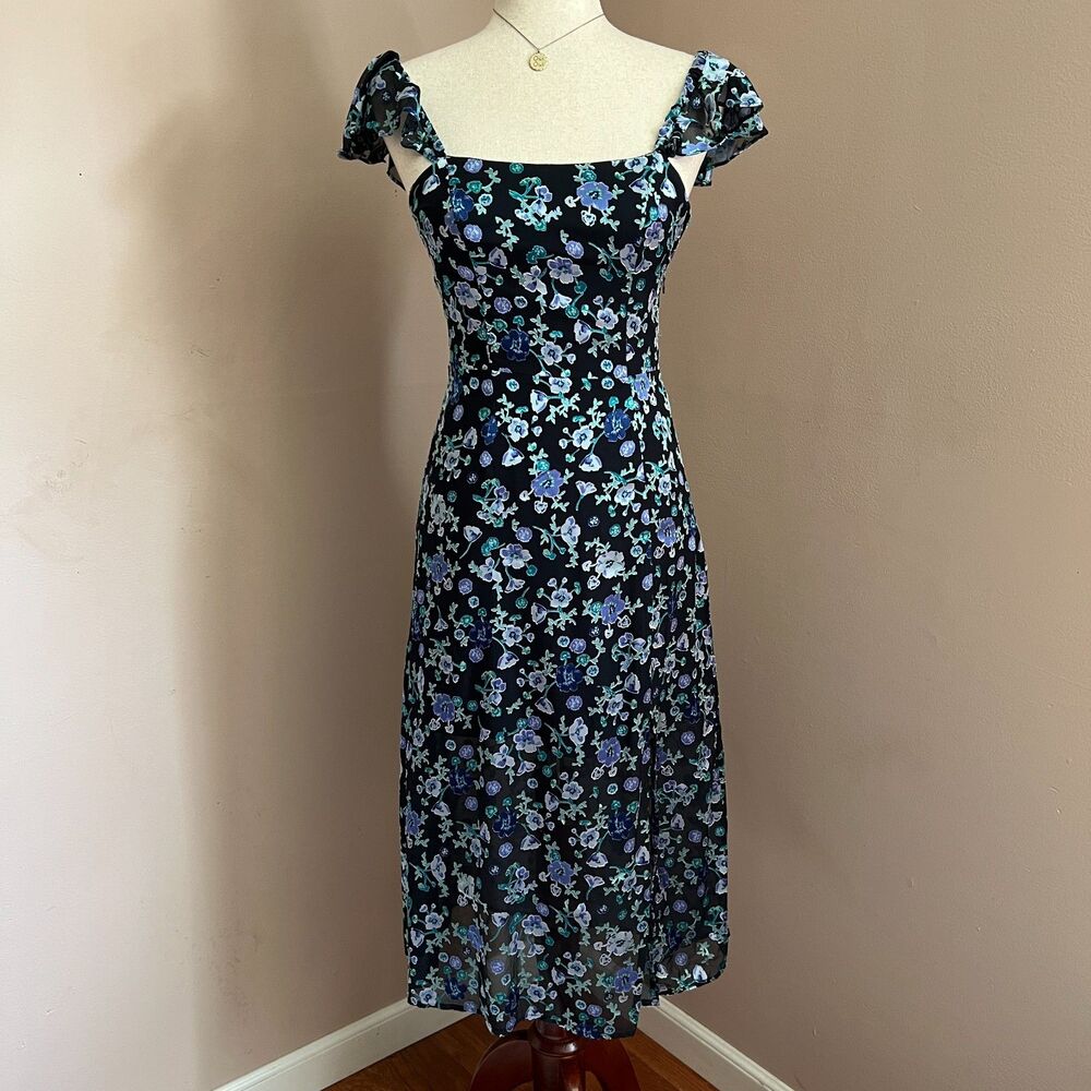 French Connection Bette Floral Satin Burnout Midi Dress Fairy Whimsygoth Sz 0